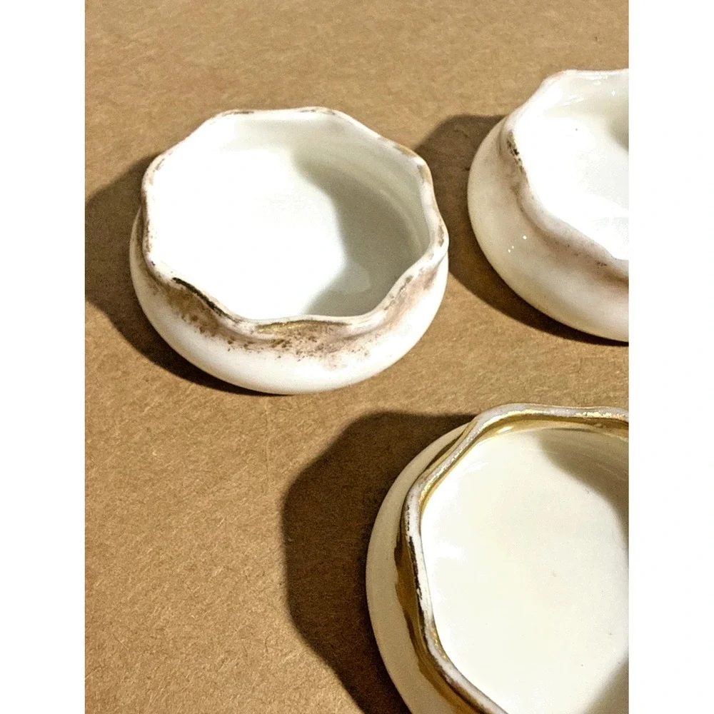 Vintage Belleek Open Salt Dish 5pc Set White Porcelain Gold Rim Ireland